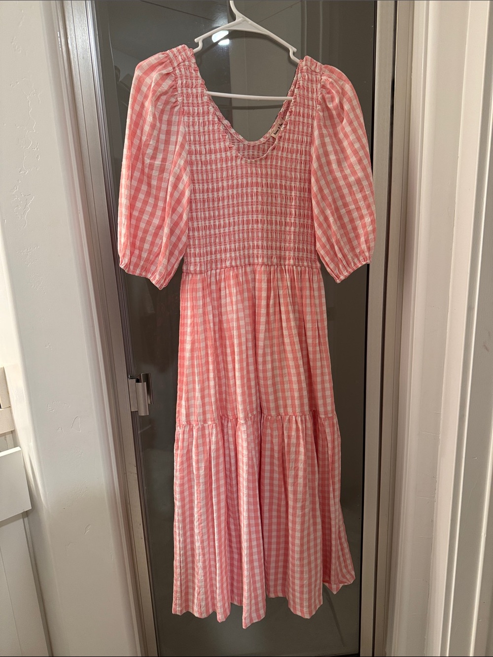 Pink Gingham Midi Dress with Smocked Bodice